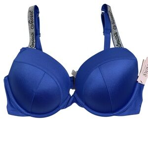 Victoria’s Secret Swim Push-Up‎ Bra Top Blue 36D Shine Logo Straps NWT
